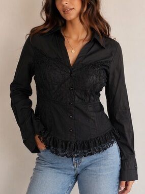 Simon Chang Black Lace Panel Button Up Blouse Size 6 whimsigoth Fairy romantic